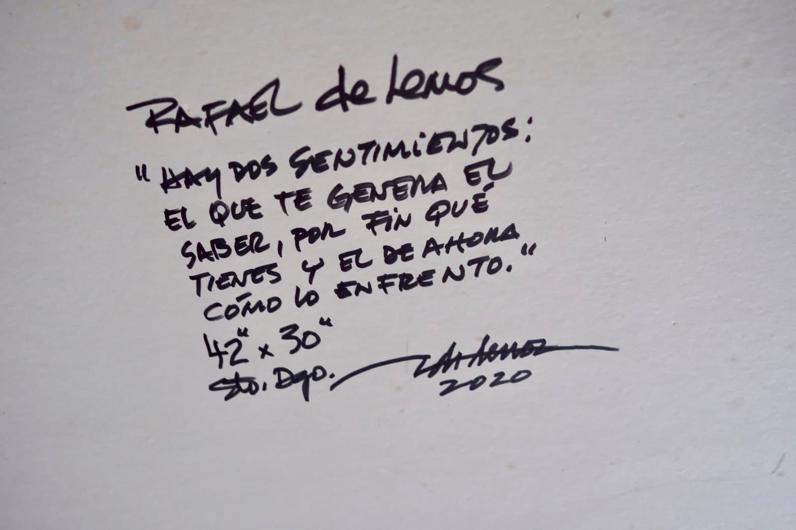 Reverso firmado de "Hay dos sentimientos: el que te genera el saber por fin qué tienes, y el de ahora: cómo lo enfrento", título, medidas y año manuscritos
