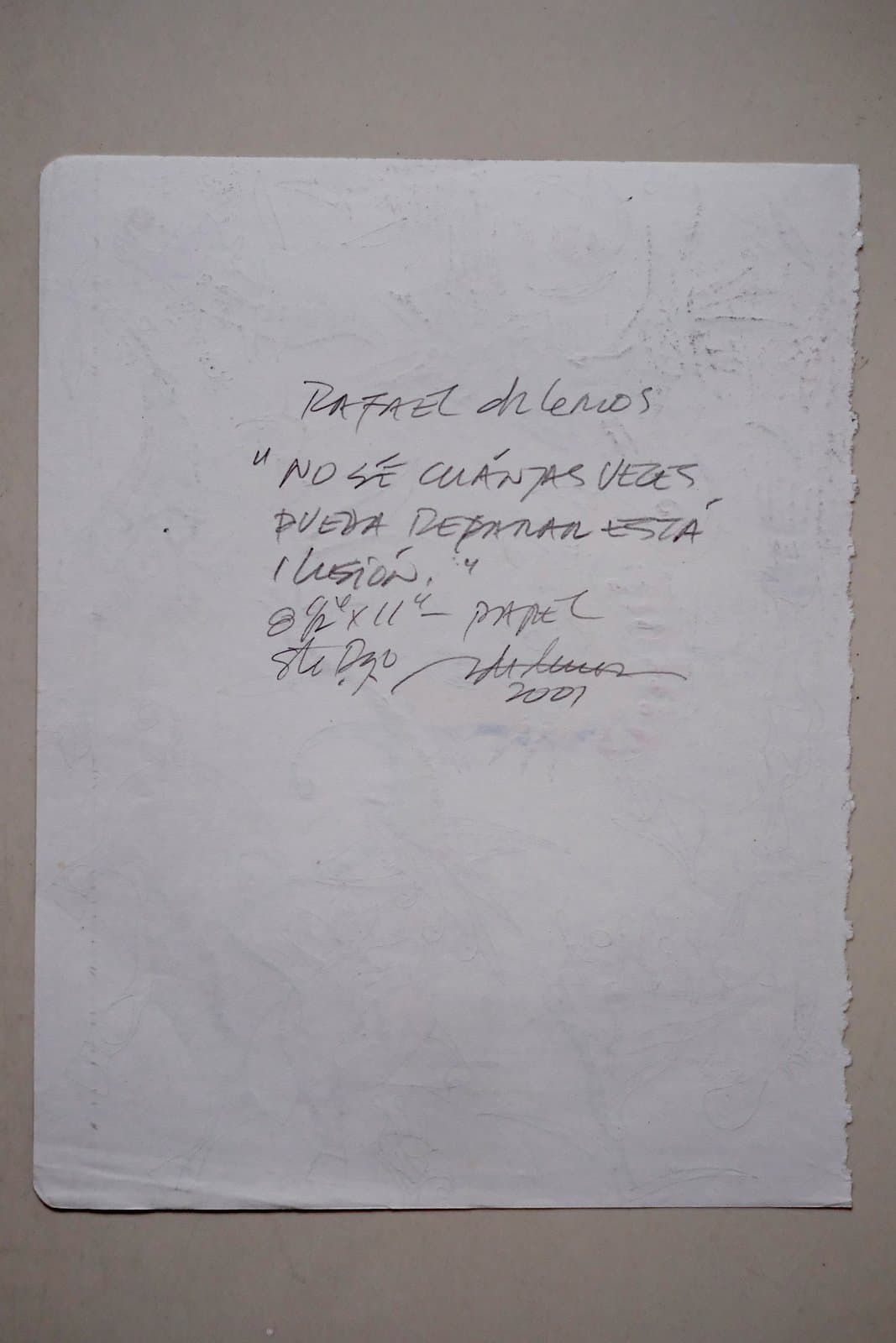 Reverso firmado de "No sé cuántas veces pueda reparar esta ilusión", título, medidas y año manuscritos