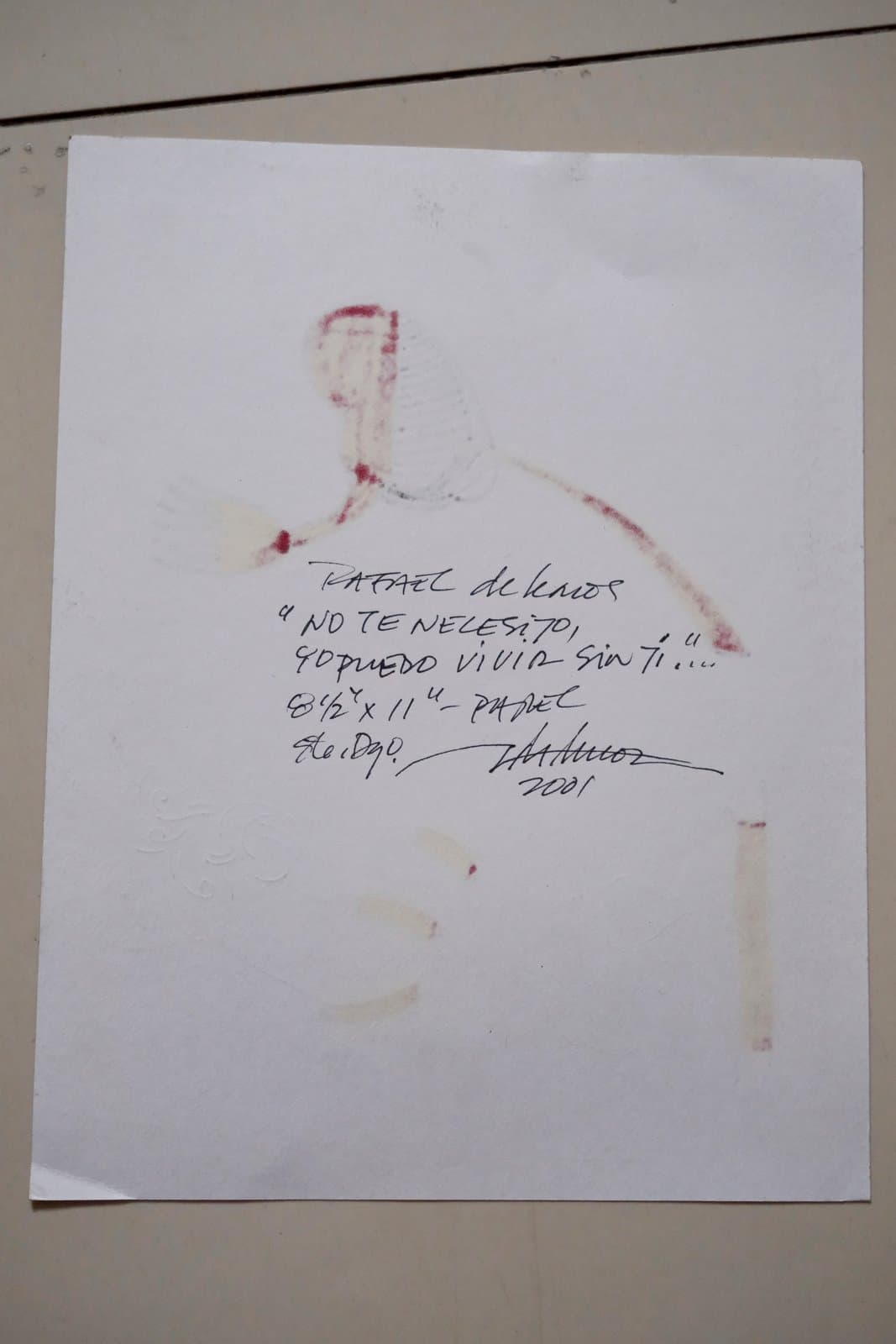 Reverso firmado de "No te necesito, yo puedo vivir sin ti...", título, medidas y año manuscritos