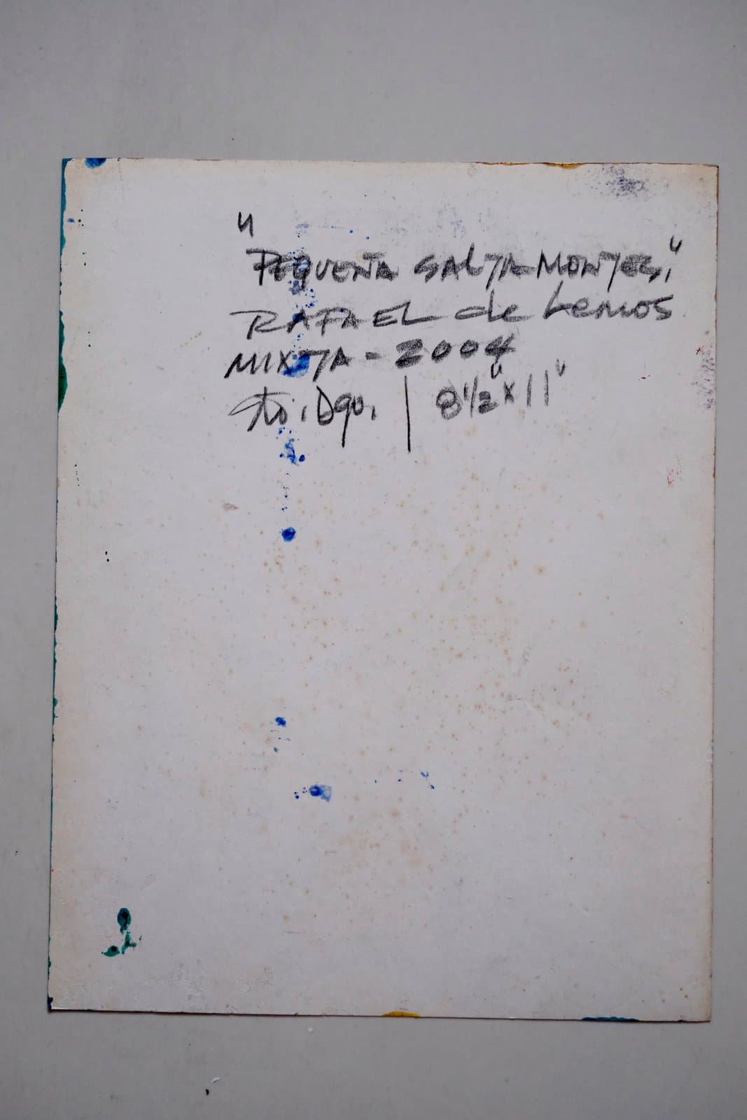 Reverso firmado de "Pequeña saltamontes", título, medidas y año manuscritos