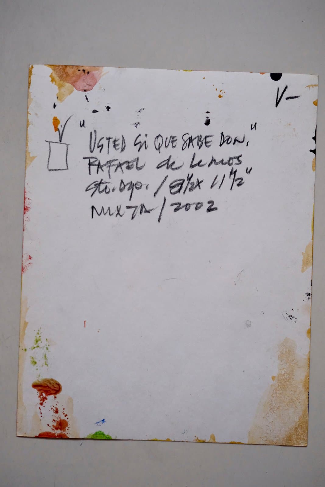 Reverso firmado de "Usted sí que sabe Don", título, medidas y año manuscritos