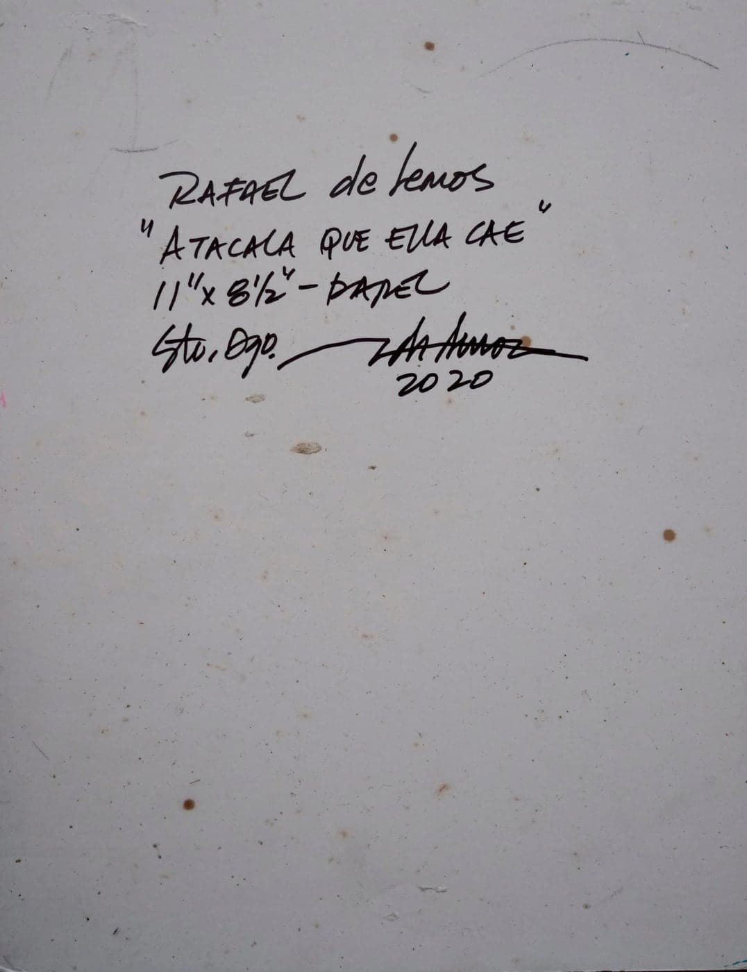 Reverso firmado de "Atácala que ella cae": título, medidas y año manuscritos