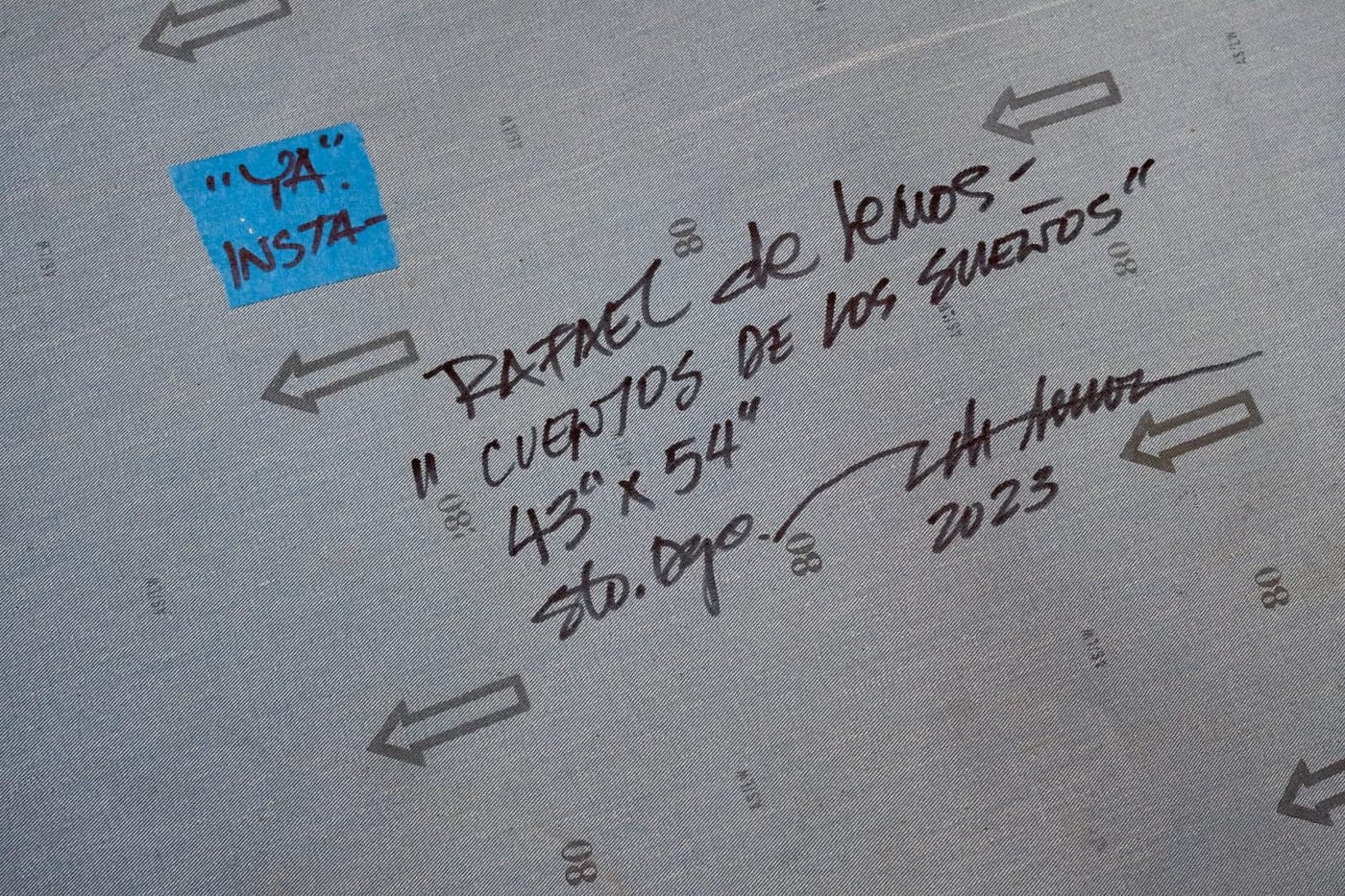 Reverso firmado de "Cuentos de los sueños": título, medidas y año manuscritos