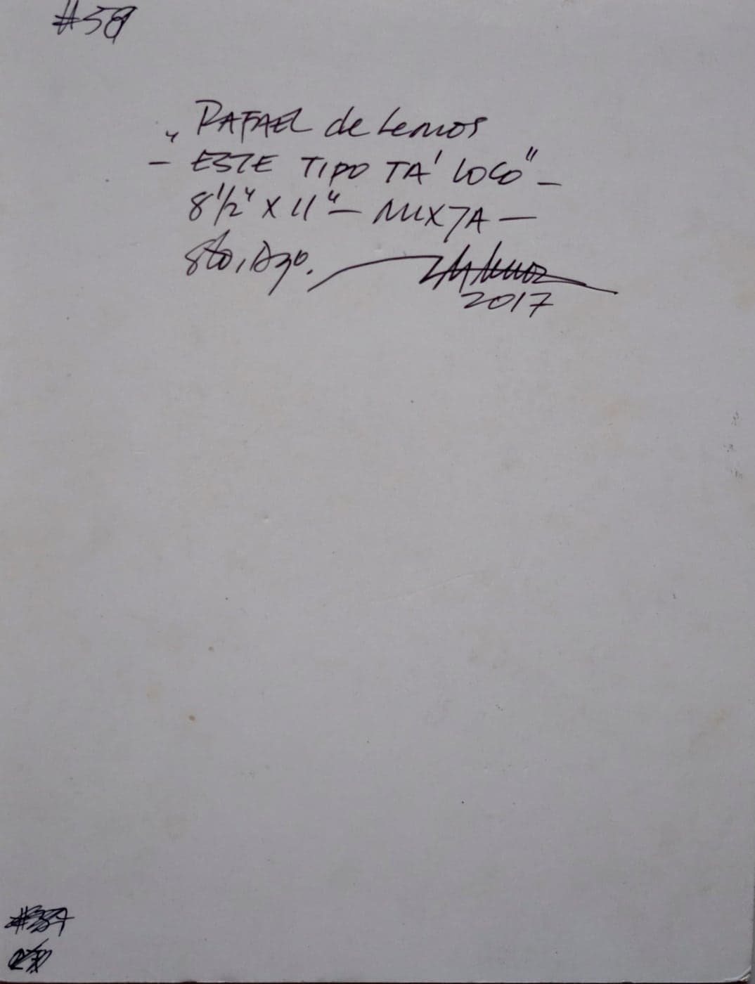 Reverso firmado de "Este tipo ta' loco": título, medidas y año manuscritos
