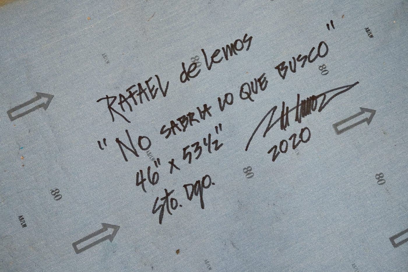 Reverso firmado de "No sabría lo que busco": título, medidas y año manuscritos