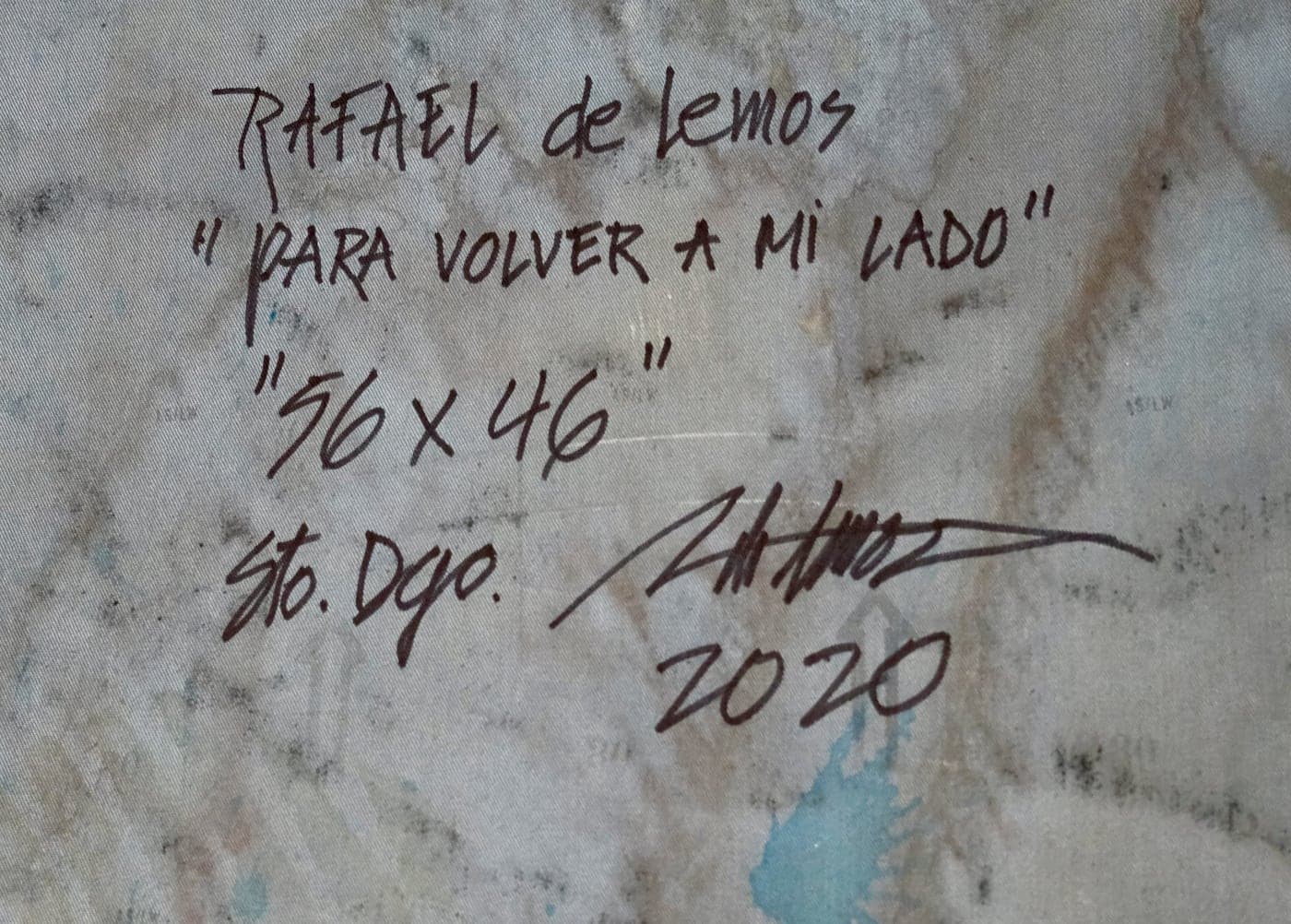 Reverso firmado de "Para volver a mi lado": título, medidas y año manuscritos