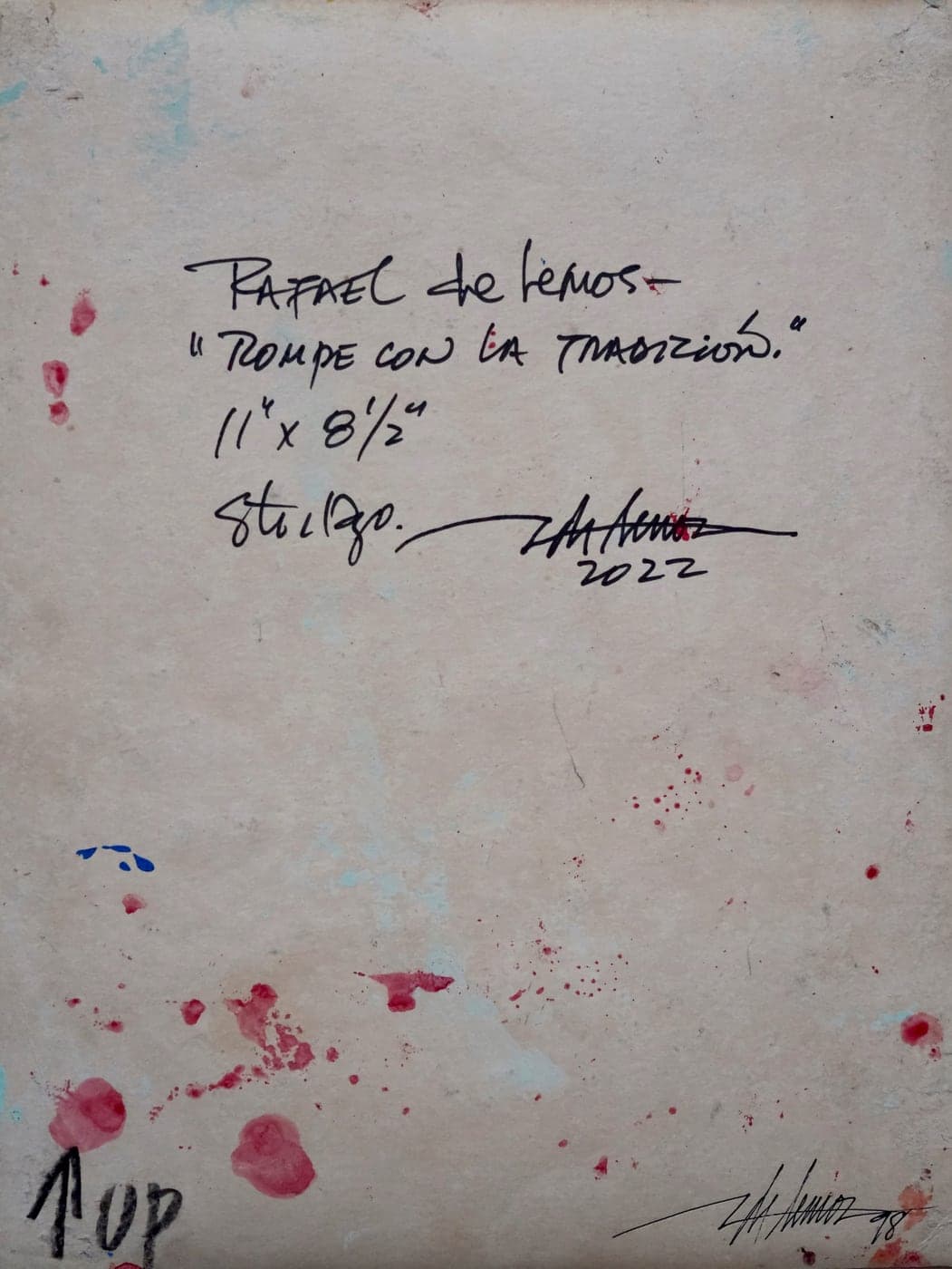 Reverso firmado de "Rompe con la tradición": título, medidas y año manuscritos
