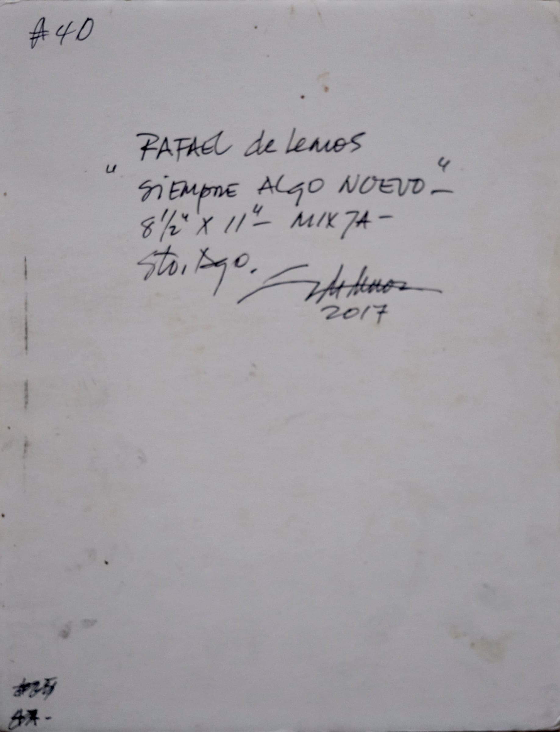 Reverso firmado de "Siempre algo nuevo": título, medidas y año manuscritos