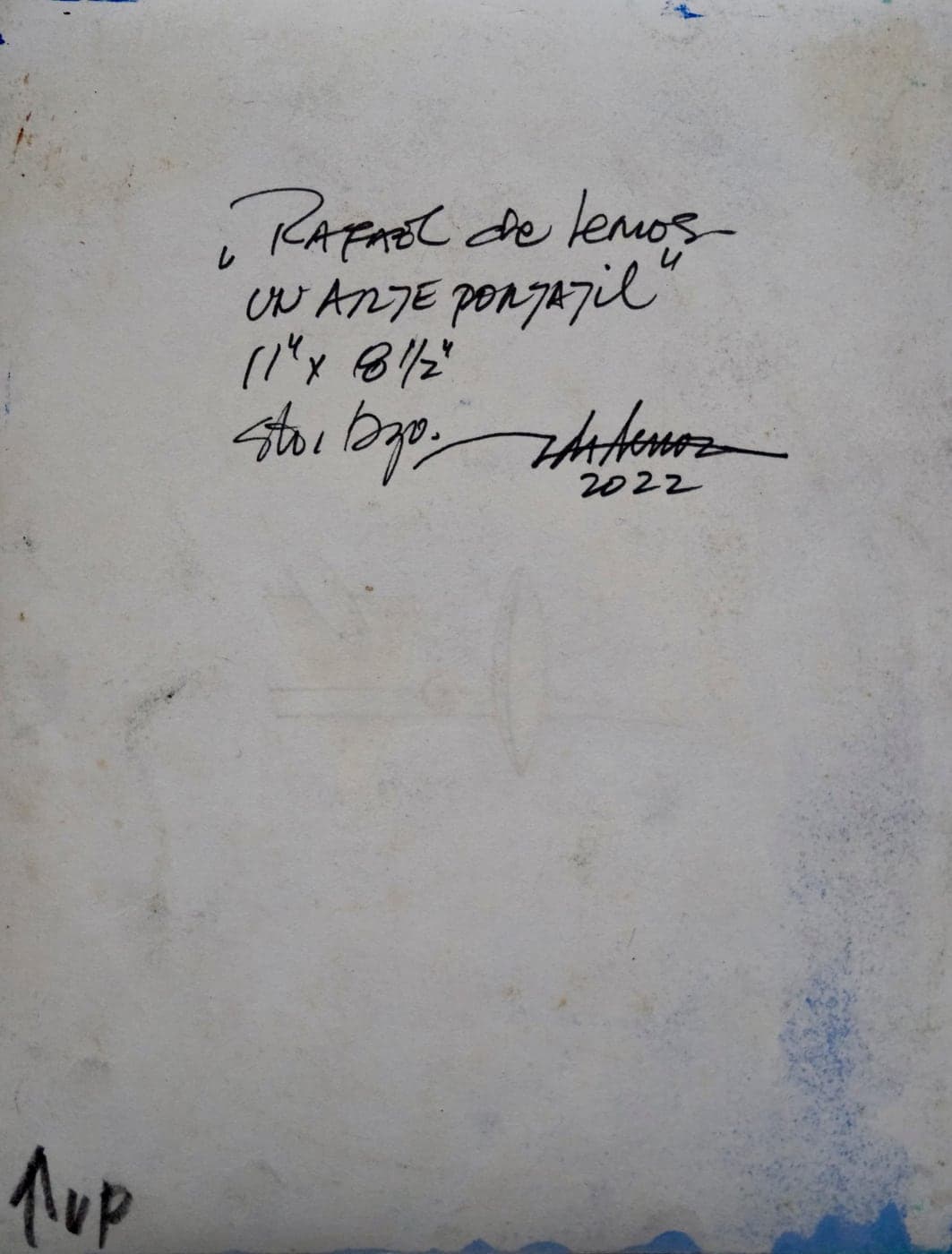 Reverso firmado de "Un arte portátil": título, medidas y año manuscritos