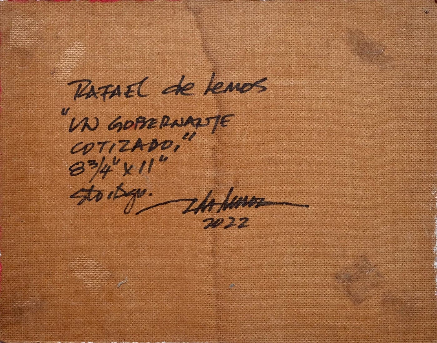 Reverso firmado de "Un gobernante cotizado": título, medidas y año manuscritos