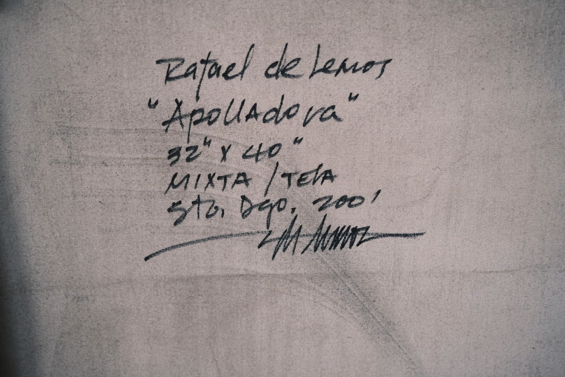 Reverso firmado de "Apolladora": título, medidas y año manuscritos