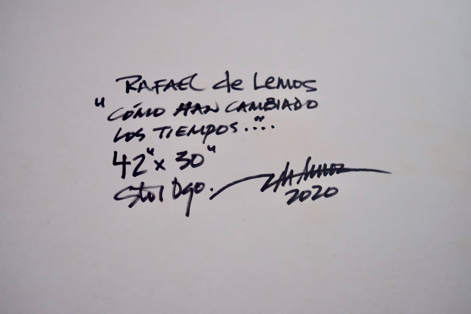 Reverso firmado de "Cómo han cambiado los tiempos...", título, medidas y año manuscritos